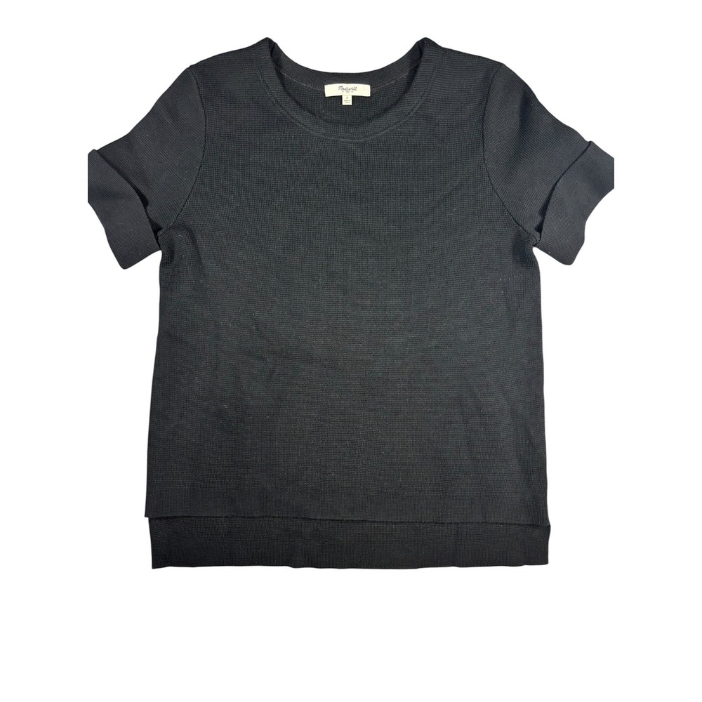 Madewell Black Short Sleeve Waffle Knit Sweater‎ Crew Neck Cuffed Top Small - Picture 2 of 7